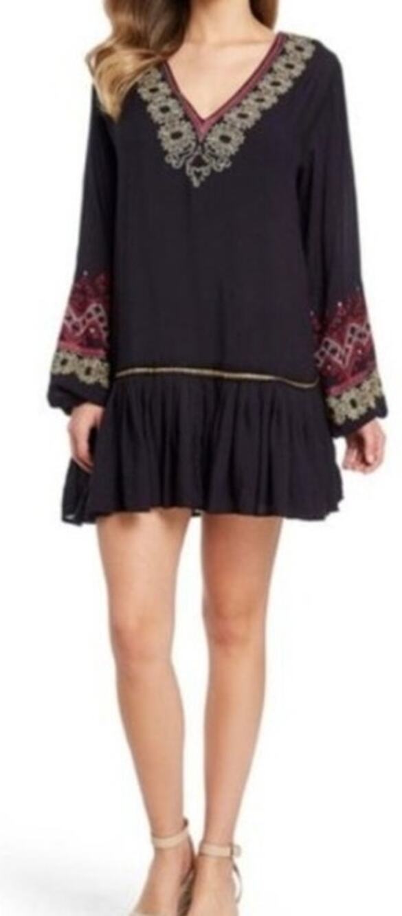 Free People Wild One Pleasant Midi Long Sleeve Embroidered Drop Waist Dress Med